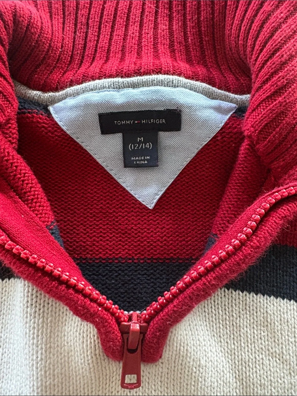 Tommy Hilfiger Red Navy Cream Striped Half-Zip Sweater